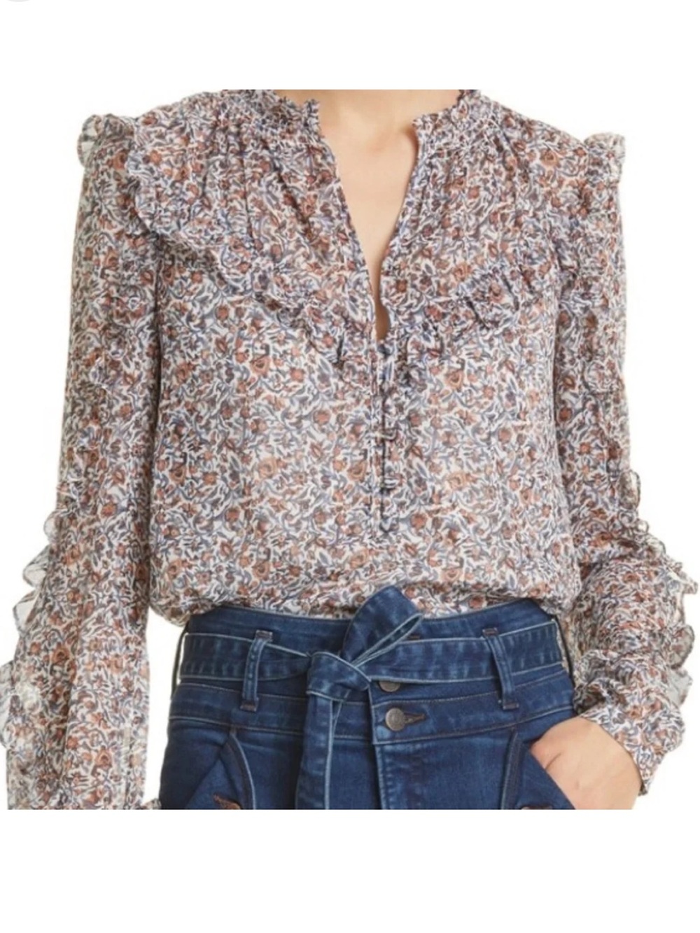 Veronica Beard Floral Ruffle Long-Sleeve Blouse in Blue and Brown